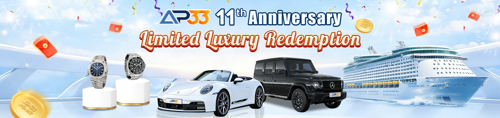 AP33 11th Anniversary banner with limited luxury redemption featuring watches, sports car, SUV, and cruise ship rewards