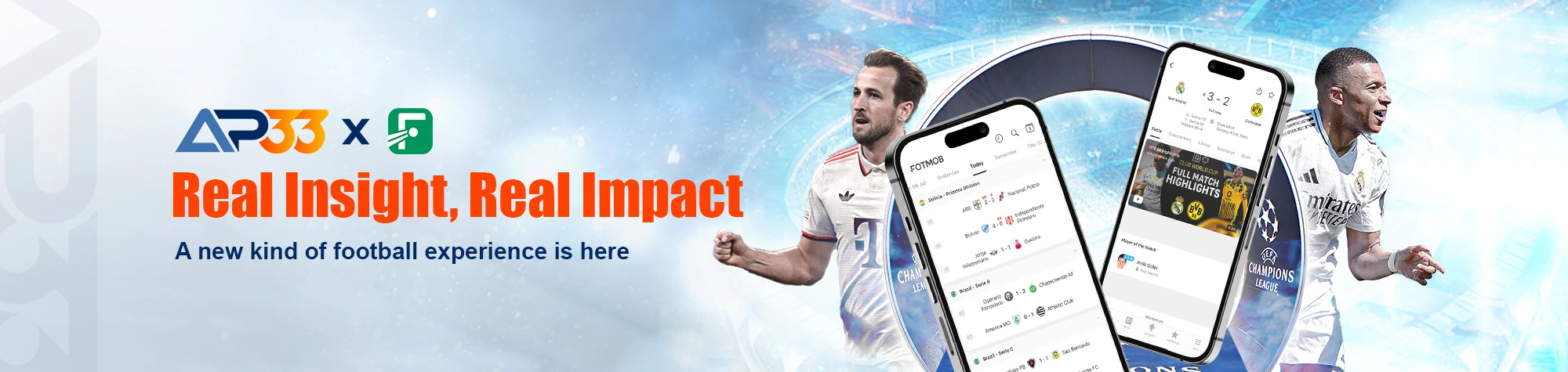 AP33 football partnership banner showing live match insights, mobile app screens, and professional players for real-time sports experience
