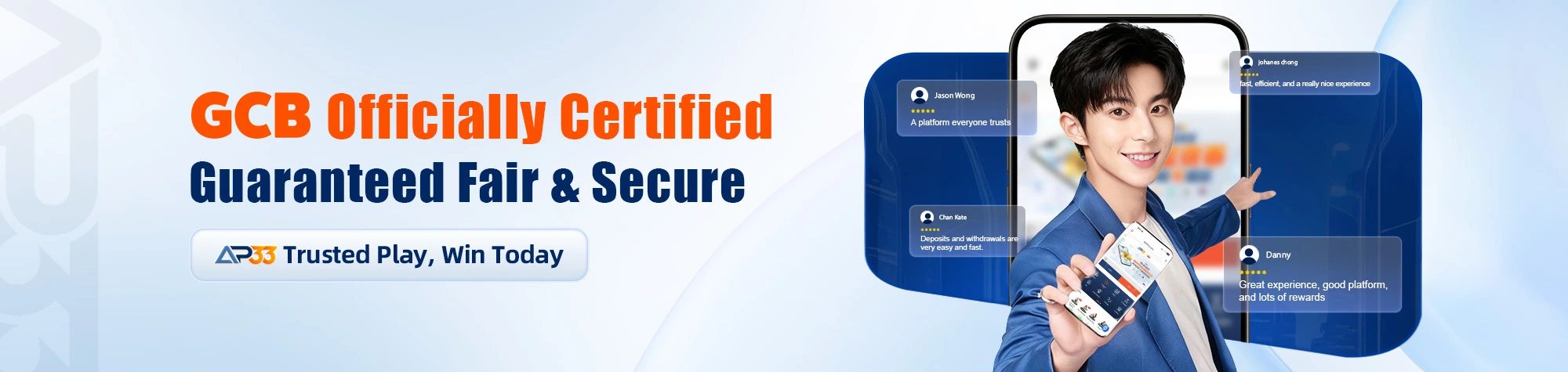 AP33 GCB certified banner promoting fair and secure online gaming platform with mobile app and user reviews