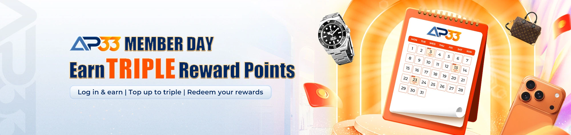 AP33 Member Day promotion banner offering triple reward points with luxury rewards including watch, handbag, and smartphone