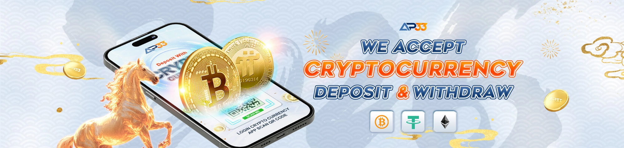 AP33 cryptocurrency deposit and withdrawal banner featuring Bitcoin, Tether USDT and Ethereum with a mobile crypto payment interface.